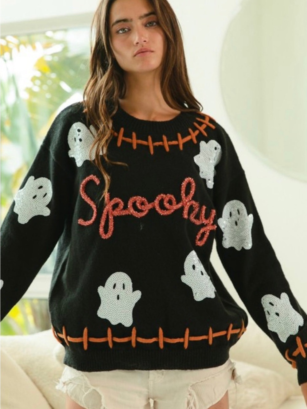 BiBi Black 'Spooky' Ghost Crewneck Sweater with Orange Stitching